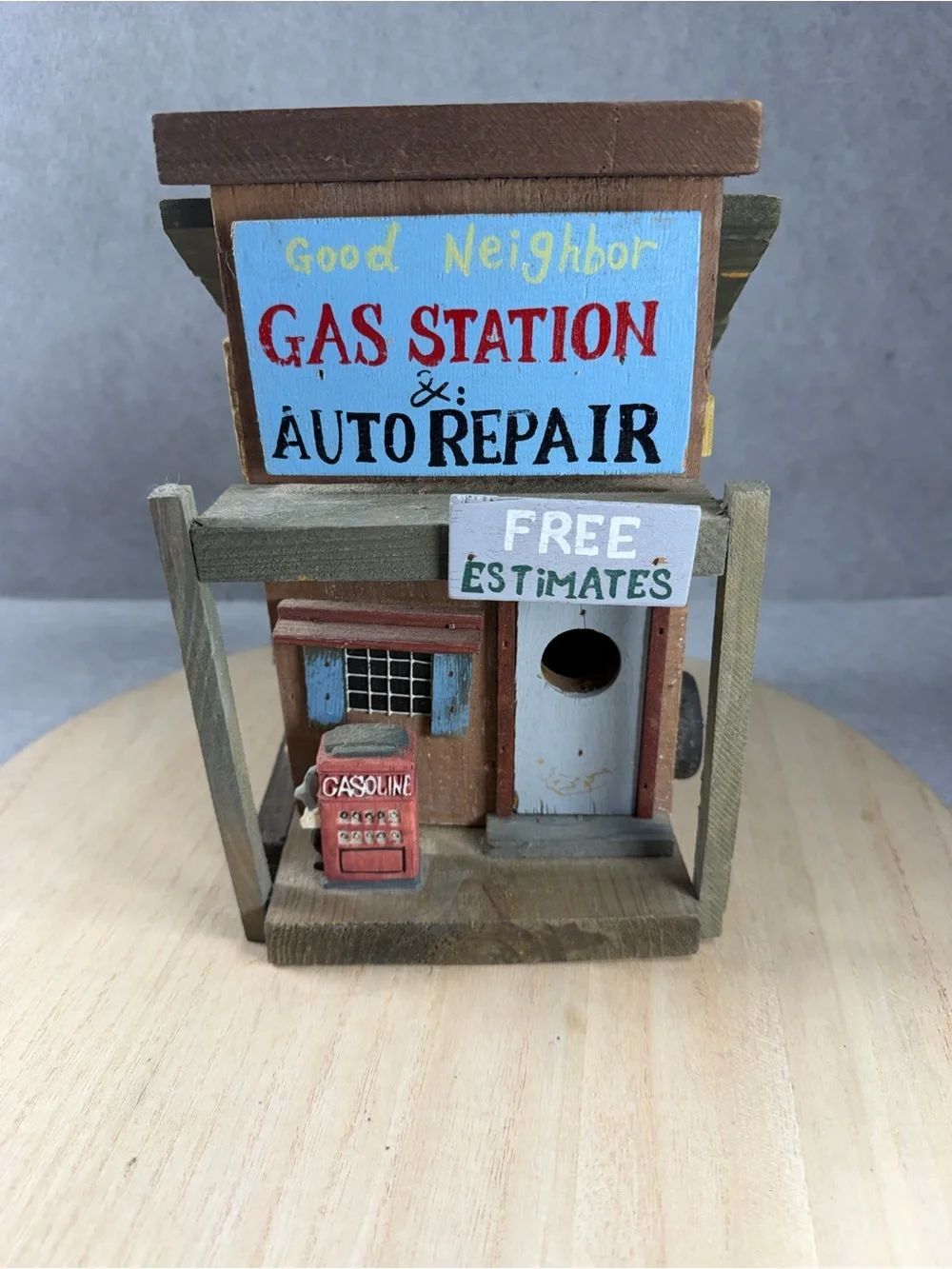 Vintage Wooden Gas Station Birdhouse Rustic Auto Repair Shop Folk Art Garden